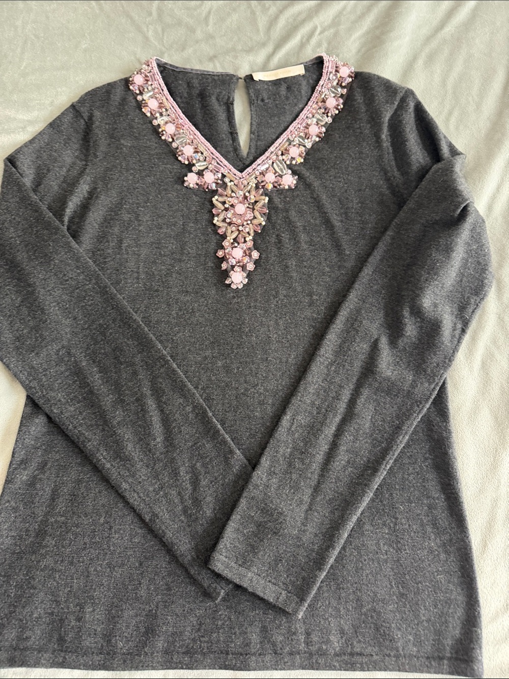 Naeem Khan Gray Sweater with Pink Beaded Embellishment